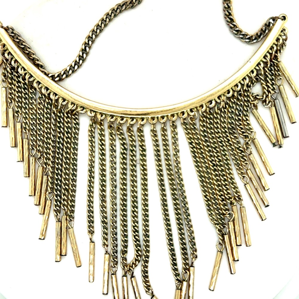 The Limited‎ Gold Tone Fringe Bib Necklace Chain Bar Statement 17-18.5"